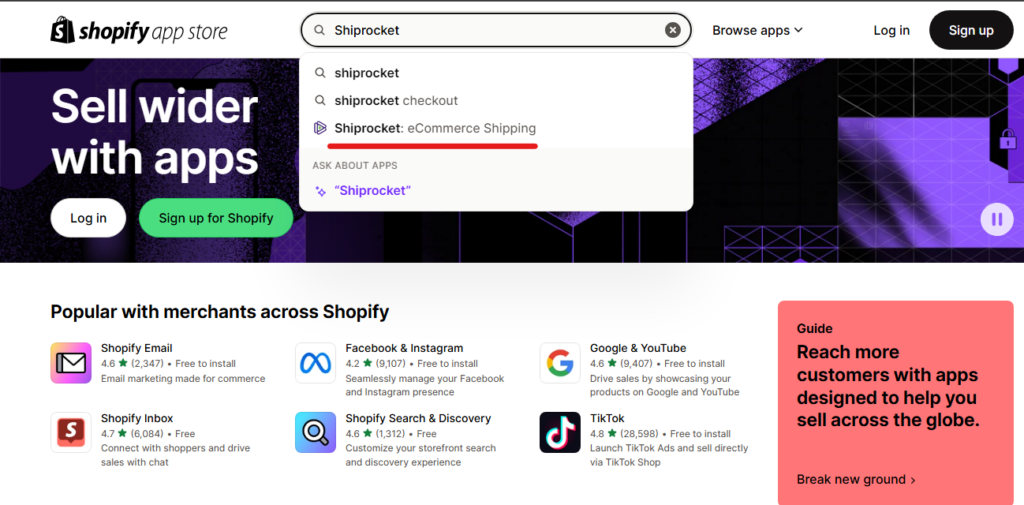Search for ‘Shiprocket’ on shopify app store.