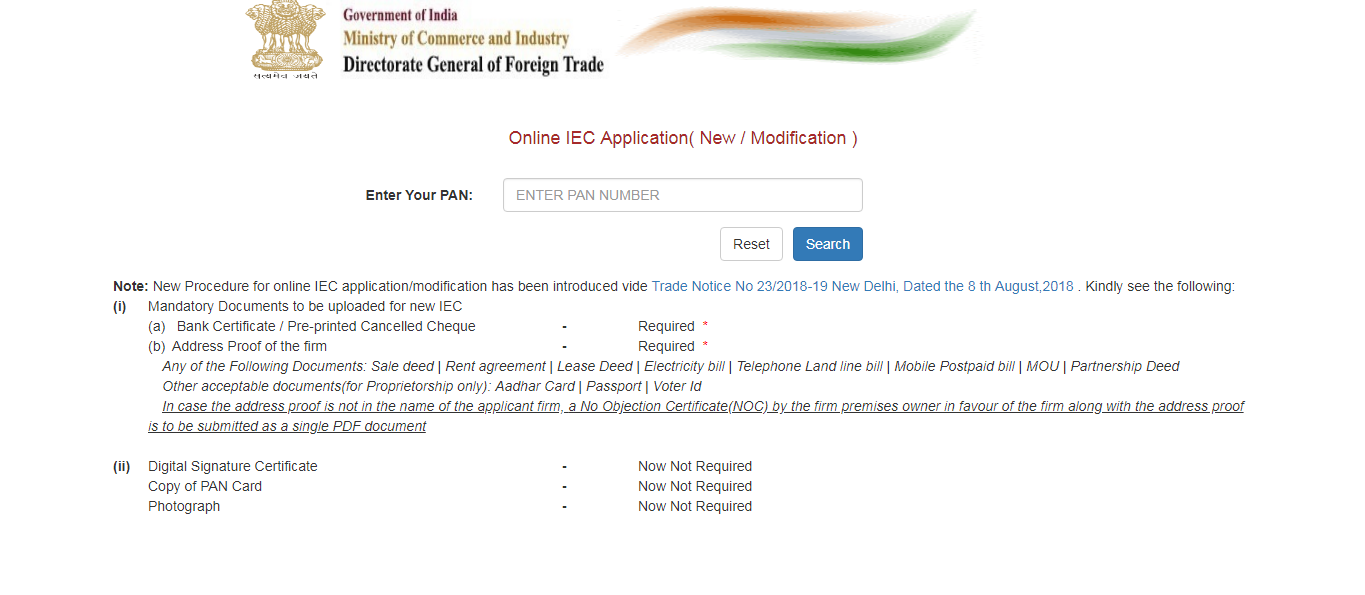 Enter PAN Details - DGFT Website Online IEC Application