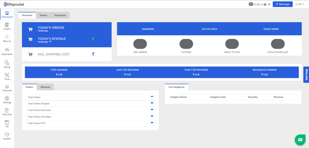 Shiprocket's dashboard