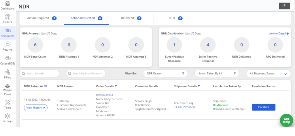 Shiprocket NDR Panel - Action Requested